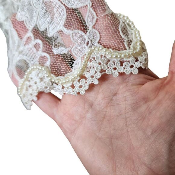 Vintage 80s Lace Wedding Dress Womens S White Bow Seed Pearls Mutton Sleeves Tru - Picture 6 of 13